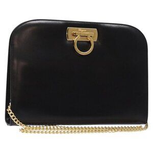 Authentic Salvatore Ferragamo Gancini Chain Shoulder Bag Leather Black Gold